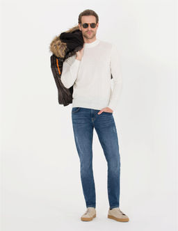 Ekru Slim Fit Bato Yaka Y_n Kar___ml_ Basic Triko Kazak