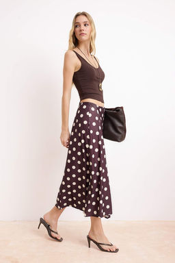 Kahverengi Puantiyeli A-Kesim/Can Form Yuksek Bel Saten Orme Etek TWOSS26ET00079 - Trendyolmilla фото 2