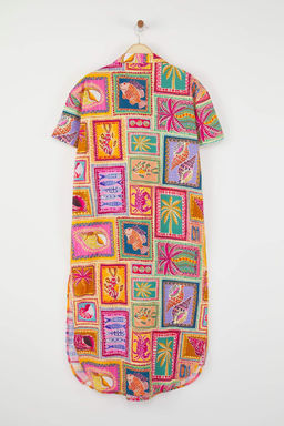 Tropikal Desenli Dokuma Y?rtmacl? %100 Pamuk Plaj Midi Elbise TBESS25EL00050