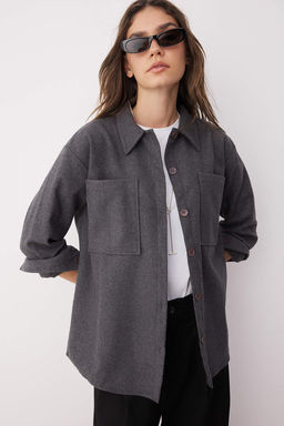TRENDYOLMILLA Mavi Cift Cepli Oversize/Genis Kal?p Kase Dokuma Gomlek TWOAW23GO00356