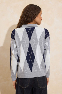 Gri Baklava Desenli Genis Kal?p Triko Kazak TWOAW26KZ00299