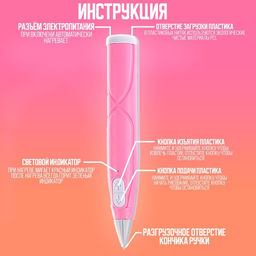 3D ручка с блоком питания, PCL пластик светиться в темноте, розовая, с подставкой - Simaland фото 2
