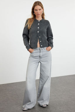 Antrasit Yumusak Dokulu Mucevher Dugmeli Ceket Gorunumlu Triko H?rka TWOAW21HI0034