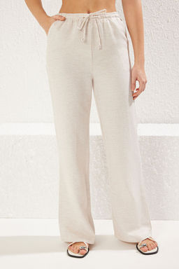 Bej Keten Kar?s?ml? Ince Rahat Kumas Beli Lastikli Genis Paca Dokuma Pantolon TWOSS25PL00038 - Trendyolmilla фото 4