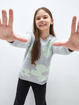 Bisiklet Yaka Desenli Uzun Kollu K?z ?ocuk Triko Kazak