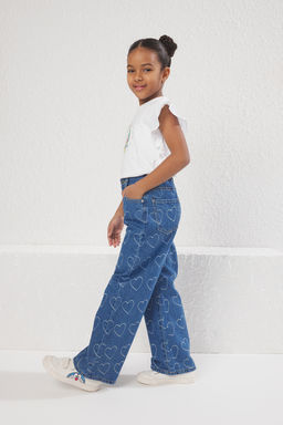 Mavi K?z Cocuk %100 Pamuk Kalp Desenli Flare Genis Paca Lastikli Demim Jean TKDSS25JE00000 - Trendyolmilla фото 2
