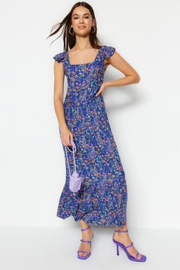 Mavi Cicek Desenli Kare Yaka A Kesim Viskon Midi Dokuma Elbise TWOSS20EL3331