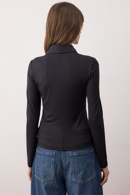 Trendyol Studio Collection Siyah Polo Yaka Full Dugmeli Vucuda Oturan Esnek Orme Bluz TWOAW26BZ00276 - Trendyolmilla фото 4