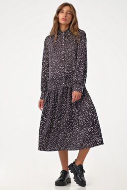 Платье в горошек на пуговицах черное