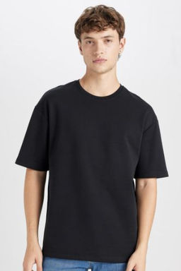 Boxy Fit Bisiklet Yaka Pamuklu K?sa Kollu Basic Duz Ag?r Kumas Tisort