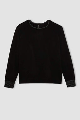 Женский черный свитер-туника стандартного кроя с круглым вырезом и рукавами реглан - Defacto фото 12