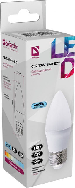 Лампа светодиодная, E27, C37, 10Вт, 4000К "Defender" нейтральный белый свет, свеча