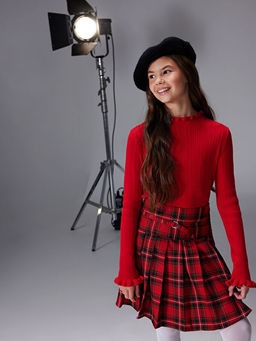 Dik Yaka Desenli K?z ?ocuk Triko Kazak