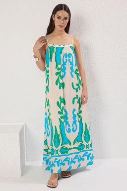 Mavi Tropikal Duz Kesim Maxi Dokuma Elbise TWOSS25EL00578