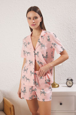 Trendyolmilla Pembe-Cok Renkli %100 Pamuklu Kopekli Sortlu Orme Pijama Tak?m? THMSS25PT00348