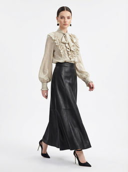 Блузка с рюшами и воротником-завязка OD-988-2 бежевый