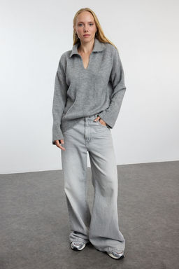 Gri Yunlu Genis Kal?p Polo Yaka Basic Triko Kazak TWOAW25KZ00009 - Trendyolmilla фото 2