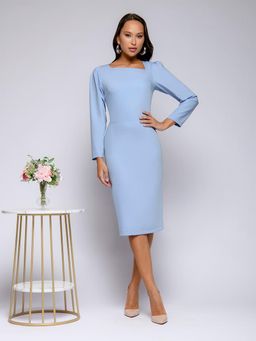 Платье розовое длины миди с асимметричным воротом и длинными рукавами - 1001dress фото 5