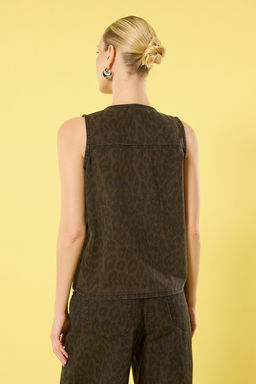 TRENDYOLMILLA Kahverengi Leopar Desenli Onden Baglamal? Denim Yelek TWOSS25YE00017 фото 4