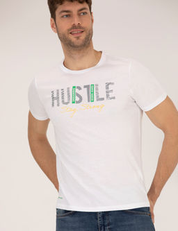 Beyaz Slim Fit Bask_l_ Bisiklet Yaka Ti__rt