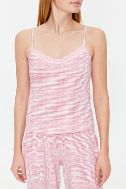 Trendyolmilla Pudra Pamuklu Cizgili Dantelli Ip Ask?l? Orme Pijama Tak?m? THMSS23PT00227 фото 4