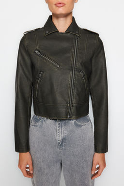 Trendyolmilla Antrasit Eskitme Detayl? Suni Deri Biker Ceket Mont TWOAW24MO00277  фото 9