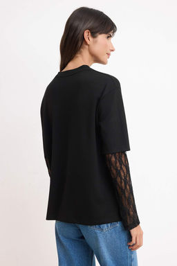 Siyah Oversize/Genis Kal?p Dusuk Kol Dantelli Uzun Kollu Soft Touch Orme T-Shirt TWOSS26TS00191 - Trendyolmilla фото 4