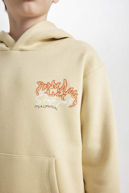 Бежевый плотный свитшот обычного кроя с капюшоном и принтом на спине для мальчиков - Defacto фото 5
