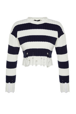 Ekru Crop Genis Kal?p Cizgili Ak?tma Detayl? Triko Kazak TWOAW24KZ00905 - Trendyolmilla фото 6