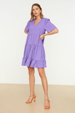 Lila Genis Kesim V Yaka Mini Dokuma Elbise TWOSS20EL0400