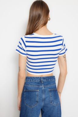 Premium Saks-Ekru Saks Cizgili 2li Paket Viskoz/Yumusak Kumas Crop Esnek Orme Bluz TWOSS23BZ00194