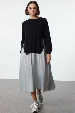 TRENDYOLMILLA Siyah Cizgili Triko Garnili Duz Kesim Midi Dokuma Elbise TWOAW25EL00359 фото 9