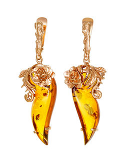 Нарядные серьги Колибри из коньячного янтаря