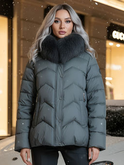 Куртка зимняя женская с мехом и капюшоном тренд темно-серого цвета 7759TC - Visdeer фото 20