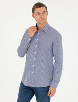 Темно-синяя рубашка узкого кроя из хлопка в полоску
