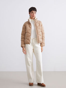 Dik Yaka Kendinden Desenli Kad?n ?i?me Mont