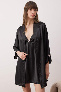 Siyah 4lu Ceyiz Set Saten Dokuma Gecelik+Sabahl?k+Pijama Tak?m? THMAW26PT00210 - Trendyolmilla фото 2