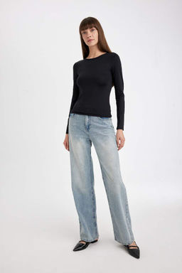 Женская черная облегающая базовая футболка с круглым вырезом и узким вырезом с длинными рукавами - Defacto фото 2