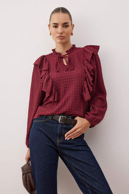 Bordo V Yaka F?rf?r Detayl? Regular Dokulu Orme Bluz TWOAW26BZ00314