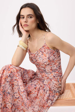 Cok Renkli Cicekli Sifon Astarl? Midi Dokuma Elbise TWOSS26EL00321