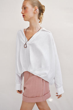 CAMISA CON LINO BAJO ABULLONADO / Blanco - Zara фото 4