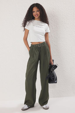 Haki Yumusak Tuseli Kemerli Wide Leg/Genis Paca Pantolon TWOSS25PL00112