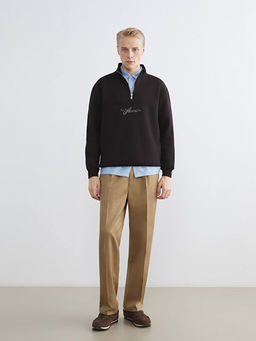 Dik Yaka Bask?l? Erkek Kal?n Sweatshirt