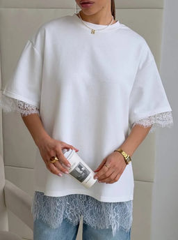 K13425 Футболка с кружевом OVER SIZE (хлопок) БЕЛЫЙ
