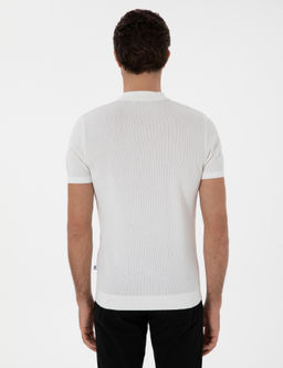 Ekru Slim Fit Fermuarl_ Polo Yaka Triko T-shirt