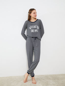 Bisiklet Yaka ?izgili Uzun Kollu Kad?n Pijama Tak?m?