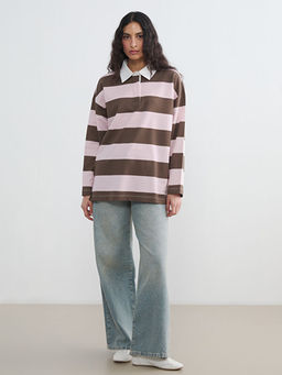 Туника-свитшот женская Polo Yaka ?izgili Oversize Kad?n Sweatshirt Tunik оверсайз в полоску
