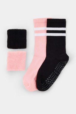 Siyah-Pembe 4l_ Pamuklu _izgili Jakar _rme _orap THMAW27CO00033