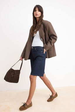 Koyu Mavi Yuksek Bel Denim Bermuda TWOSS24SR00007