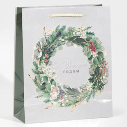 Пакет подарочный новогодний ламинированный «Новогодний венок», ML 21 х 25 х 8 см